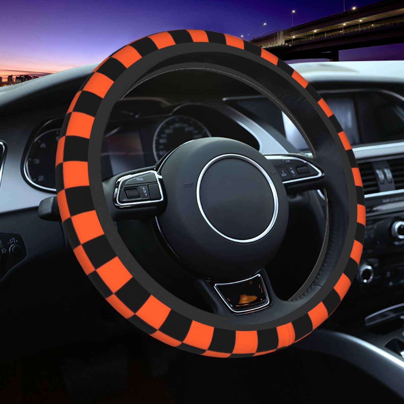 Women'S Accessories Vans - พวงมาลัยลายตารางสีดำและสีส้ม ขนาด 15 นิ้ว อุปกรณ์เสริมสำหรับรถยนต์ ป้องกันพวงมาลัย
