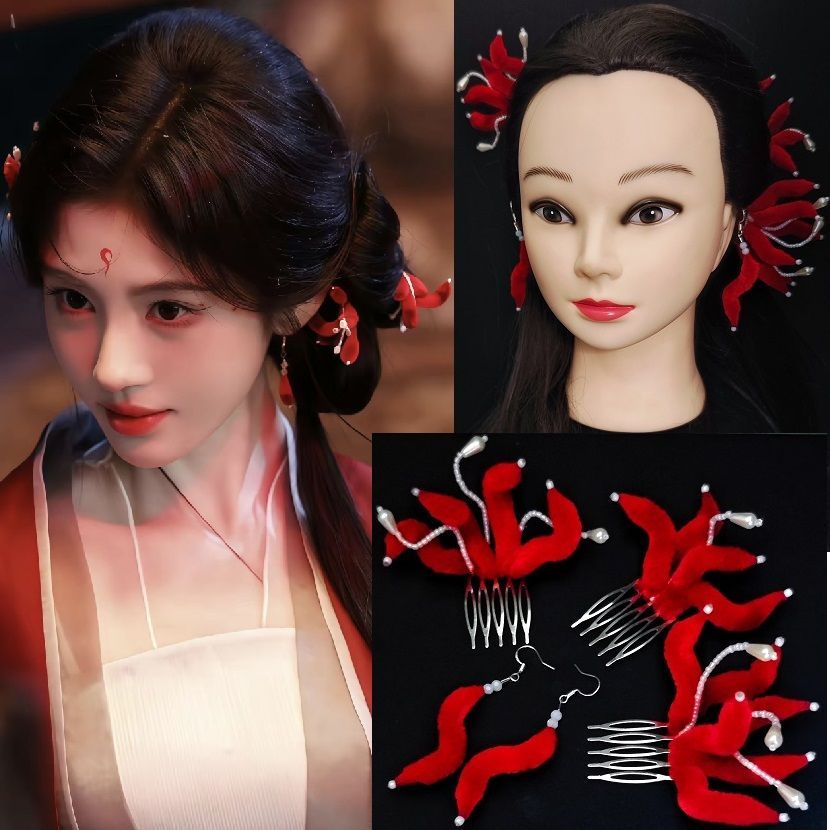 Women Accessories Store - เครื่องประดับผมสไตล์เดียวกันของเยว่หลิน ฉีจี้ และลู่หวู่ยี่, เครื่องประดับศีรษะกำมะหยี่สีแดงสำหรับปีใหม่, หวีผมสไตล์โบราณ