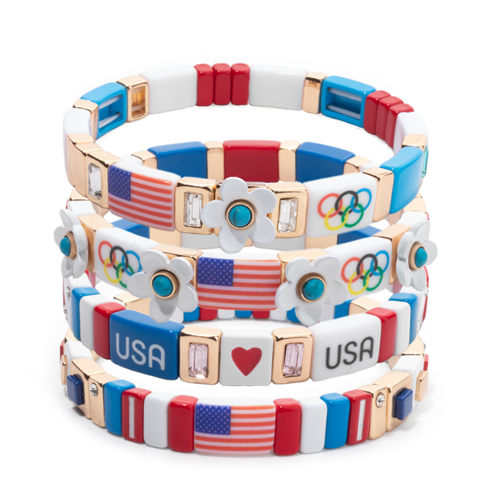 Women Accessories Usa - กำไลข้อมือลายธงชาติอเมริกา ดีไซน์ใหม่ปี 2026 สำหรับผู้หญิง แบบยืดหยุ่นเคลือบเงา เหมาะสำหรับกีฬาและงานต่างๆ